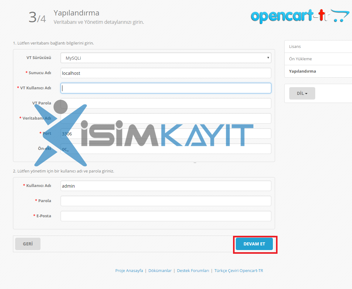 Opencasrt E ticasret yazılım kurulumu veri tabanı