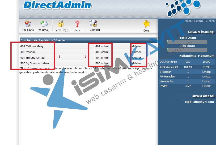 Directadmin özel hata sayfaları oluşturma