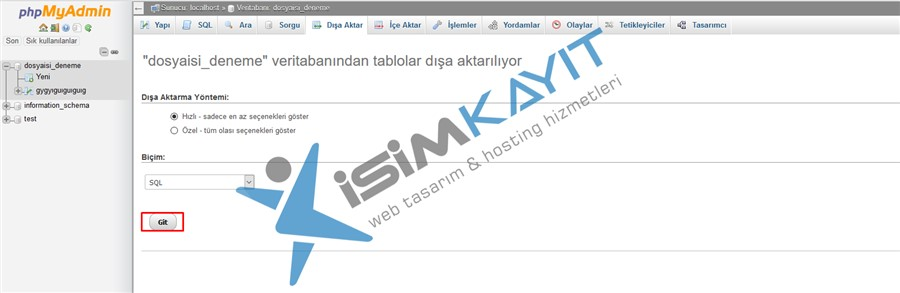 Directadmin phpMyadmin yedek alma ve geri yükleme