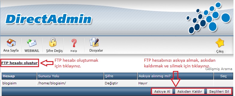 DirectAdmin Create FTP Account